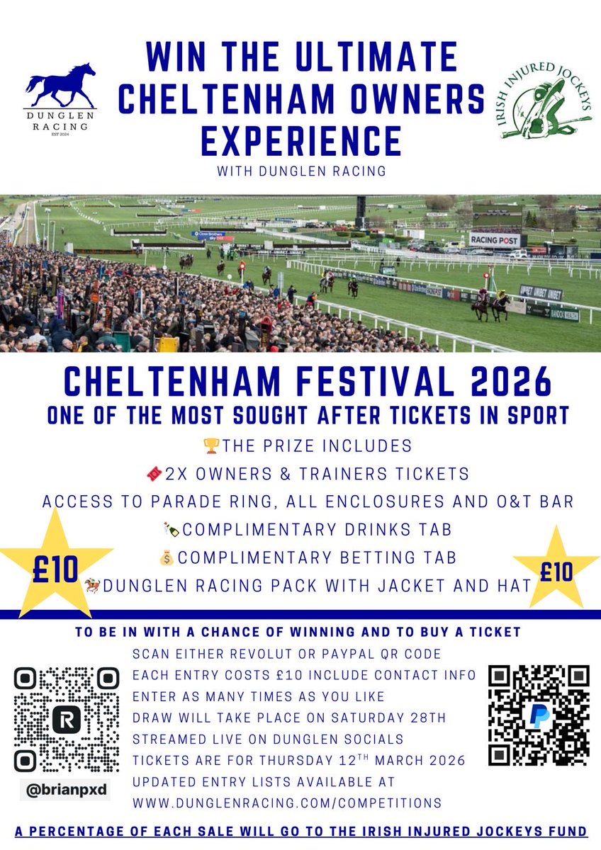 ConorWatters_'s tweet photo. Less than 10 day to go until the draw!! @DunglenRacing are raffling off 2 O&amp;Ts tickets for the #CheltenhamFestival and a few extras 🍻💴🎟️ All for a great cause @InjuredJockeys only £10 per entry. Message myself, @brianakabonzo or any of the @DunglenRacing socials for more info! https://t.co/WHDpctDQis
