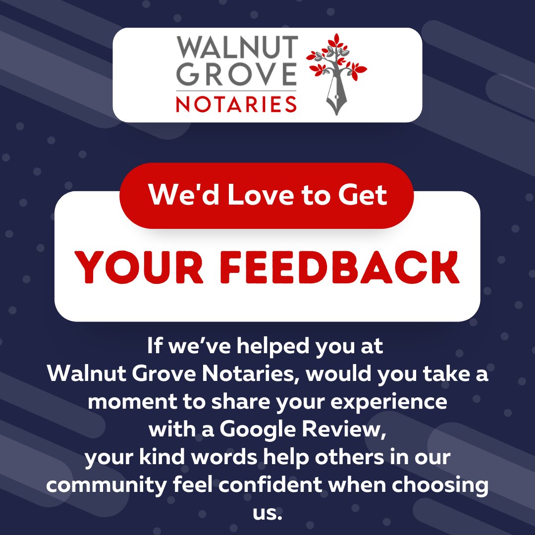 Testimonial Thursday  - Your Feedback 
If we’ve helped you at Walnut Grove Notaries, would you take a moment to share your experience with a Google Review, your kind words help others in our community feel confident when choosing us.
Click here ⤵️
maps.app.goo.gl/jxYFwVaGybNqSp…
