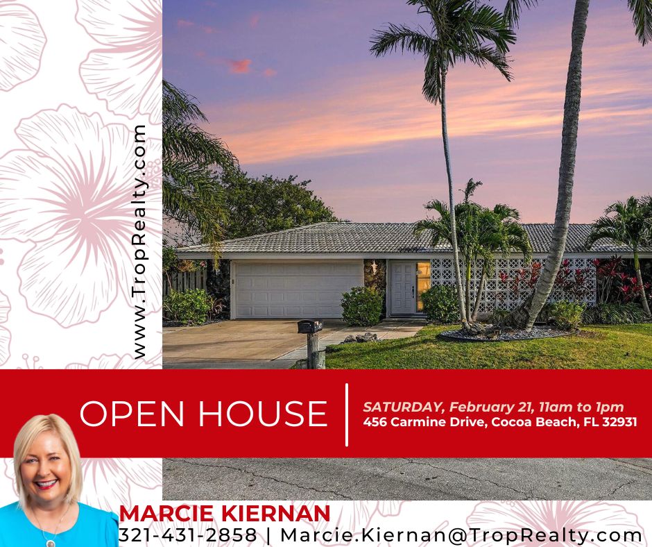 Open House✨ Tour this updated 4 bed, 2 bath Cocoa Beach home Saturday 11am-1pm. Private dock, canal views, perfect for sunset evenings! Contact Marcie Kiernan for info 📞321-431-2858 #TropicalRealty #CanalFrontHome #FloridaDreamHome #CocoaBeachOpenHouse #CocoaBeachHomes