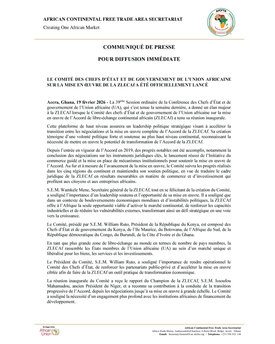 AfCFTA's tweet photo. Press Release: The African Union’s Heads of State Committee on AfCFTA implementation has been inaugurated.
Read more on how this strengthens political leadership to accelerate the Agreement from negotiations to full implementation across Africa.
#AfCFTA https://t.co/KcUTDP0Pen