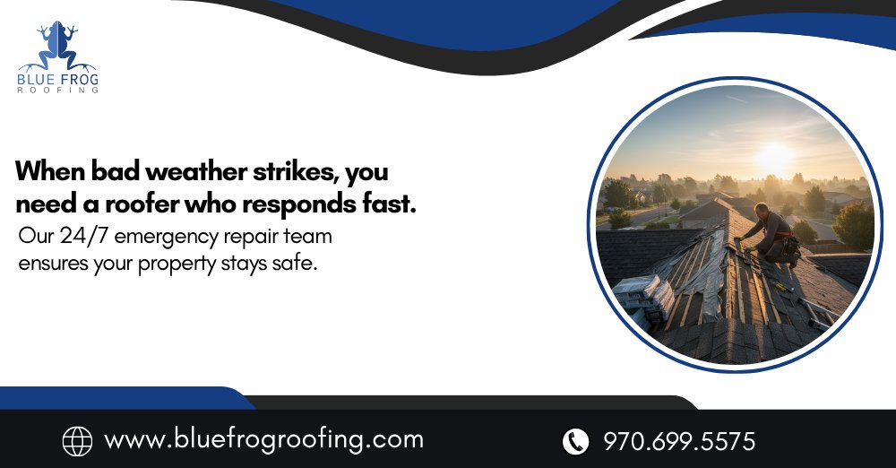 BlueFrogRoofing's tweet photo. When bad weather strikes, you need a roofer who responds fast.
Our 24/7 emergency repair team ensures your property stays safe — day or night.
📞 970-699-5575
#BlueFrogRoofing #EmergencyRoofRepair #StormDamage #ColoradoRoofing #RoofInspection #RoofMaintenance https://t.co/nnrmrK4R0D