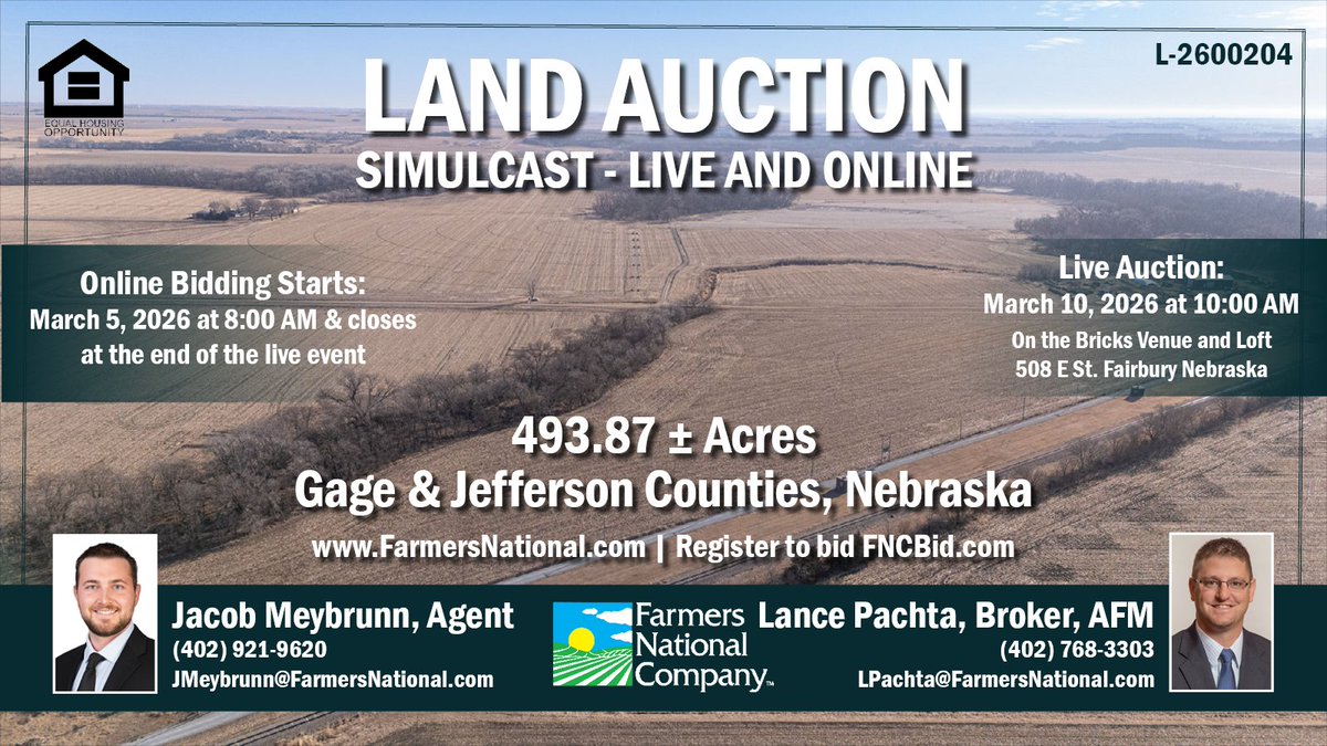 FarmersNational's tweet photo. Land Auction!
Simulcast - live and online.
493.87 acres in Gage &amp; Jefferson Counties, #Nebraska.

Three tracts! Tract 1: Irrigated #farmland with easy access to aggressive #grainmarkets. Tracts 2-3: Mix of cropland, grass and timber.

🔗https://t.co/4O36xYkdYz https://t.co/ZnFLoNr6Pt