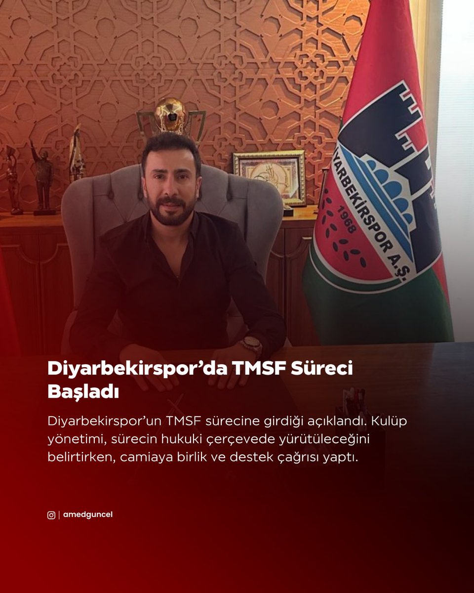 amedguncel's tweet photo. ⚖️ Diyarbekirspor’da TMSF Süreci Başladı ⚽️

Diyarbekirspor’un TMSF sürecine girdiği açıklandı. Kulüp yönetimi, sürecin hukuki çerçevede yürütüleceğini belirtirken, camiaya birlik ve destek çağrısı yaptı. https://t.co/n4PPRMkaSn