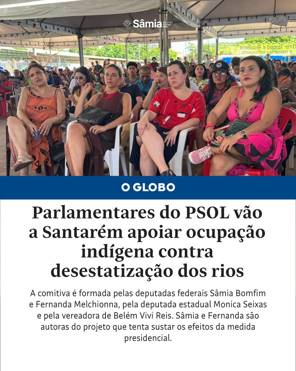 samiabomfim's tweet photo. Estamos em Santarém, no Pará, para apoiar a ocupação dos povos indígenas do Baixo Tapajós contra o decreto 12.600, da privatização dos rios. A medida presidencial vai na contramão da luta ambiental e pode trazer consequências terríveis não só para as comunidades que ali vivem, mas para todo o país e o ecossistema.

O decreto tem função de permitir a dragagem de rios como o Tapajós, Madeira e Tocantins, para abrir hidrovias no escoamento de mercadorias do agronegócio predatório. Por isso, a ocupação acontece na multinacional Cargill.

No ano passado, eu e a @fernandapsol apresentamos um projeto de decreto legislativo (942/25) para revogar essa medida. O movimento indígena aponta o caminho e reivindica solução imediata! Todo apoio à luta.