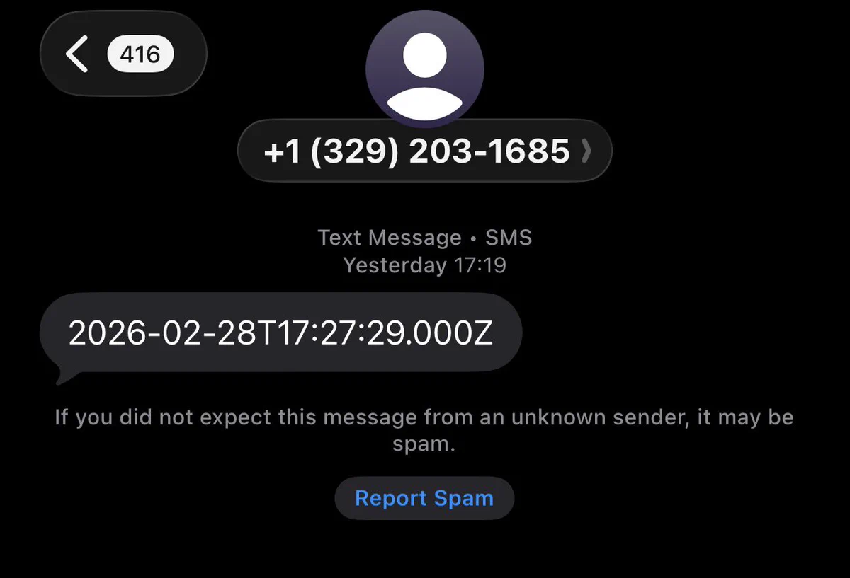 Text from unknown number that says 2026-02-28T17:27:29.000Z