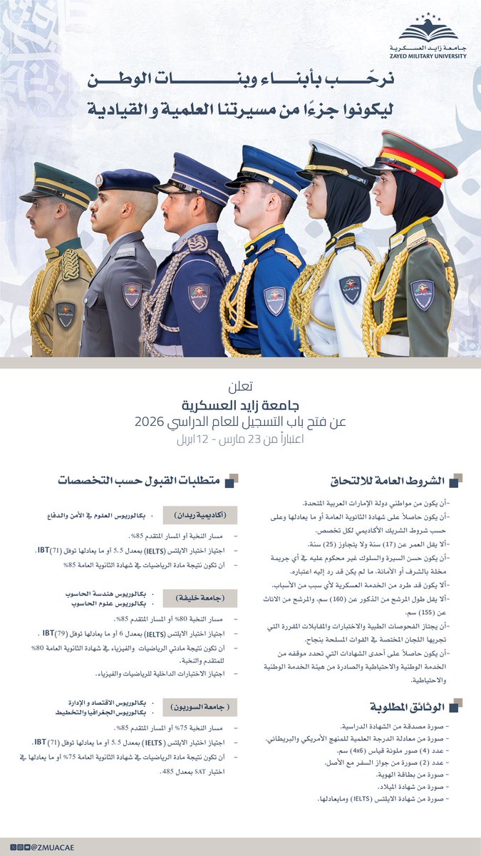 zmuacae's tweet photo. تعلن #جامعة_زايد_العسكرية
عن فتح باب التسجيل للعام الدراسي 2026 اعتباراً من 23 مارس - 12 ابريل https://t.co/sY8jLB28Si