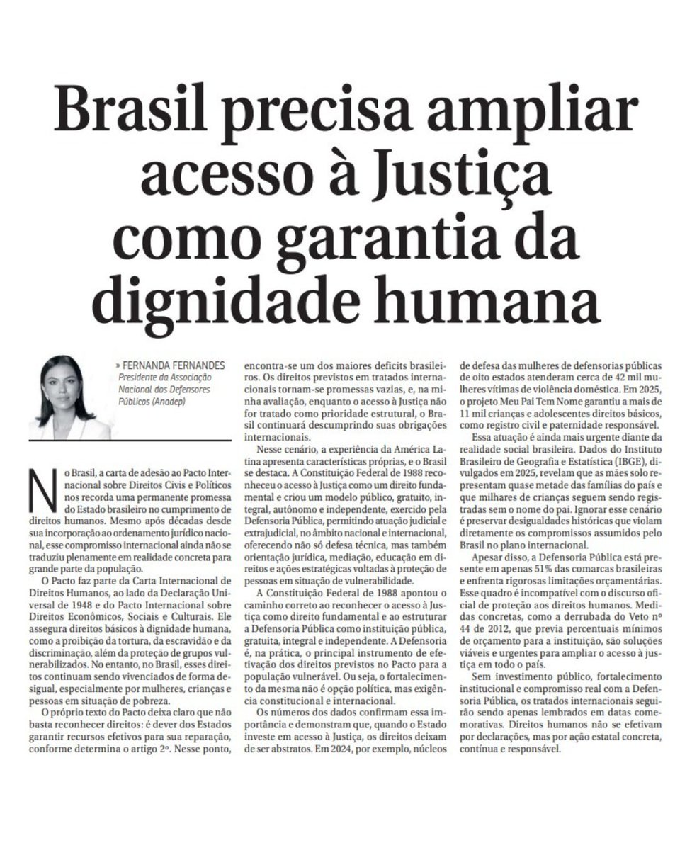 Jornal Correio Braziliense destaca artigo da presidenta da ANADEP sobre a necessidade de investimento público e fortalecimento da Defensoria Pública. Confira: correiobraziliense.com.br/opiniao/2026/0…