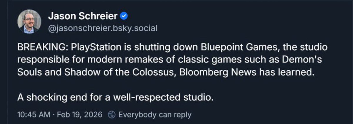 ChitoGamingLive's tweet photo. BREAKING 🚨🚨🚨

PlayStation is shutting down Bluepoint games studio the studio behind Demons souls and Shadownof the Colossus 😱😱😱

#PlayStation https://t.co/3SxGisYIRk