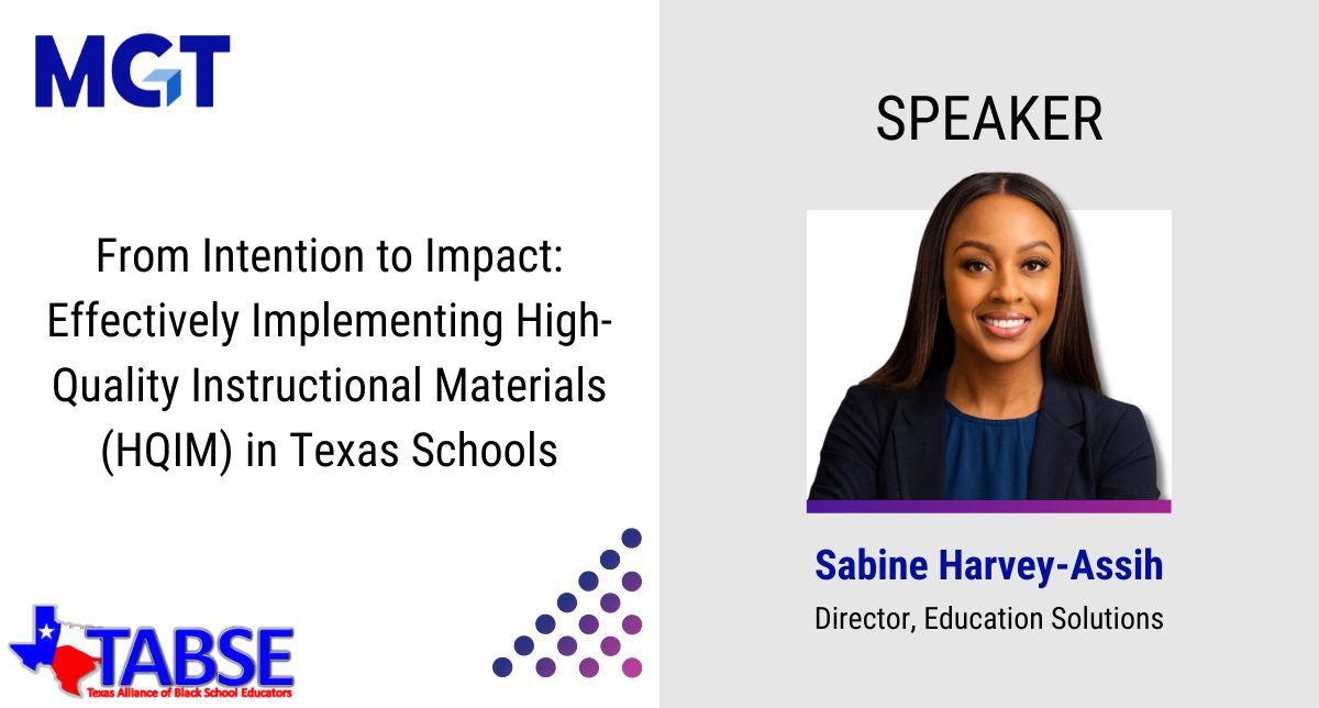 Just one hour until MGT's very own Sabiné Harvey-Assih steps into the conversation at TABSE.

Her session will dig into what strong HQIM implementation really looks like, from leadership alignment to building teacher capacity and instructional coherence.

If you’re at the