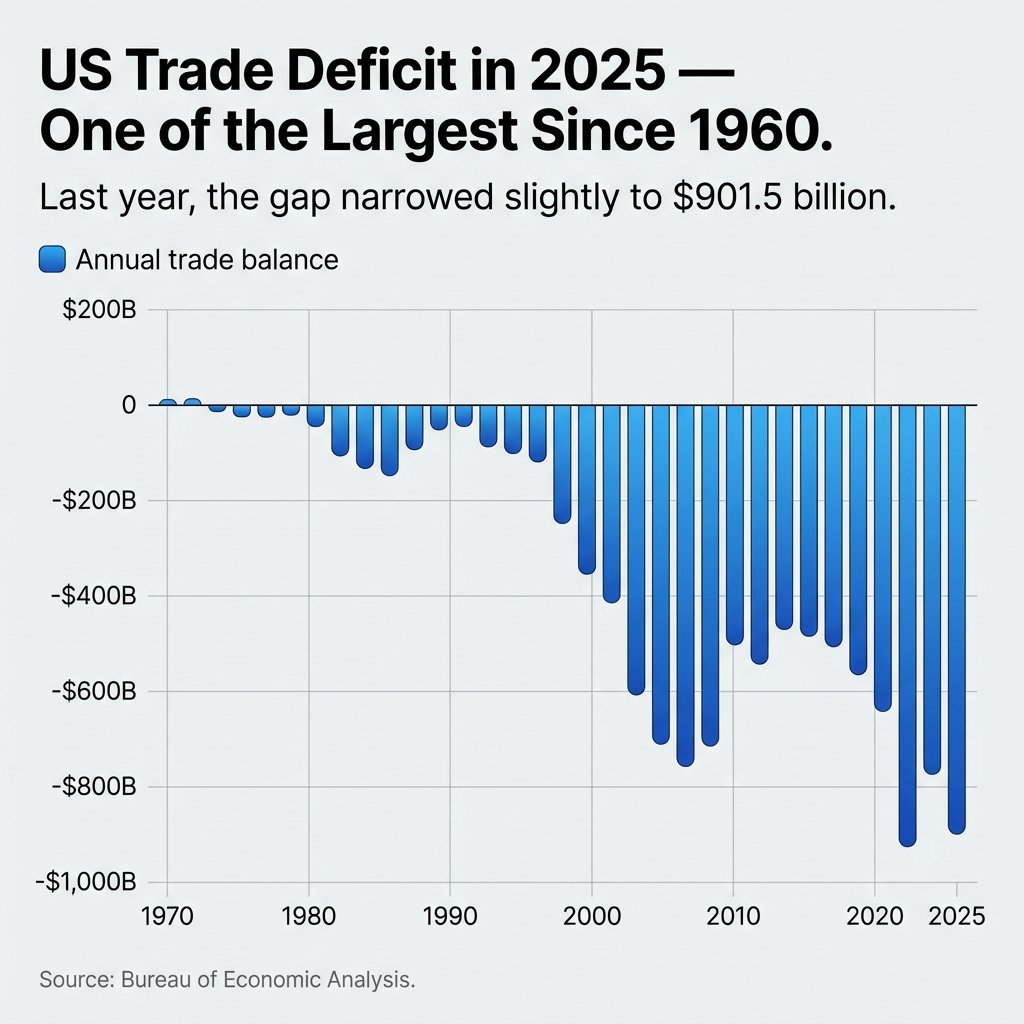 The US trade deficit increased to $70.3 billion, bringing the annual deficit to $901B. 

This is one of the largest annual trade deficits in the past 65 years. The increase was driven by a 3.6% rise in imports and a 1.7% decline in exports. https://t.co/2mtfkpybA1