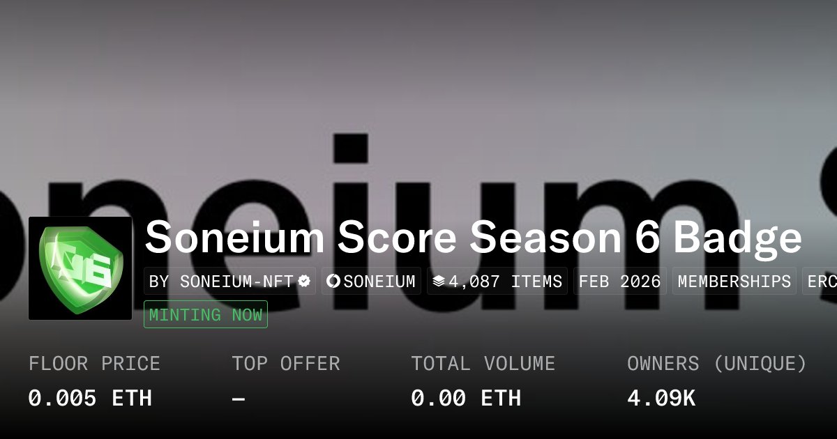 💿 gm Soneium  <a href="/soneium/">Soneium 💿</a> 
Scorers  Season 6 is complete. If you reached 80 + in Season 6, your NFT badge is available to mint.  
Mint now on Opensea <a href="/opensea/">OpenSea</a> : opensea.io/collection/son…
We’re introducing two stages:  
· Stage 1: Score 84–100 
· Stage 2: Score 80-83  
Both stages
