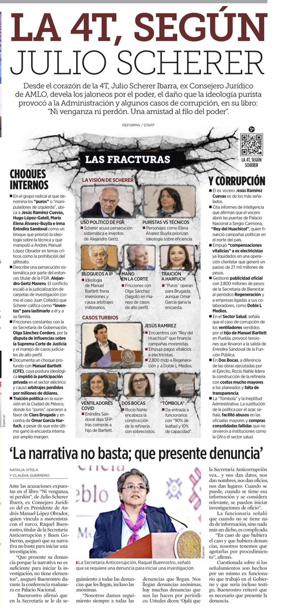 Hay suficientes elementos tanto en el libro de Scherer como en investigaciones periodísticas independientes sobre corrupción/tráfico de influencias/narcopolítica como para que la <a href="/FGRMexico/">FGR México</a> investigue de oficio.

Cuando Ernestina Godoy dice “metan su denuncia” significa que el