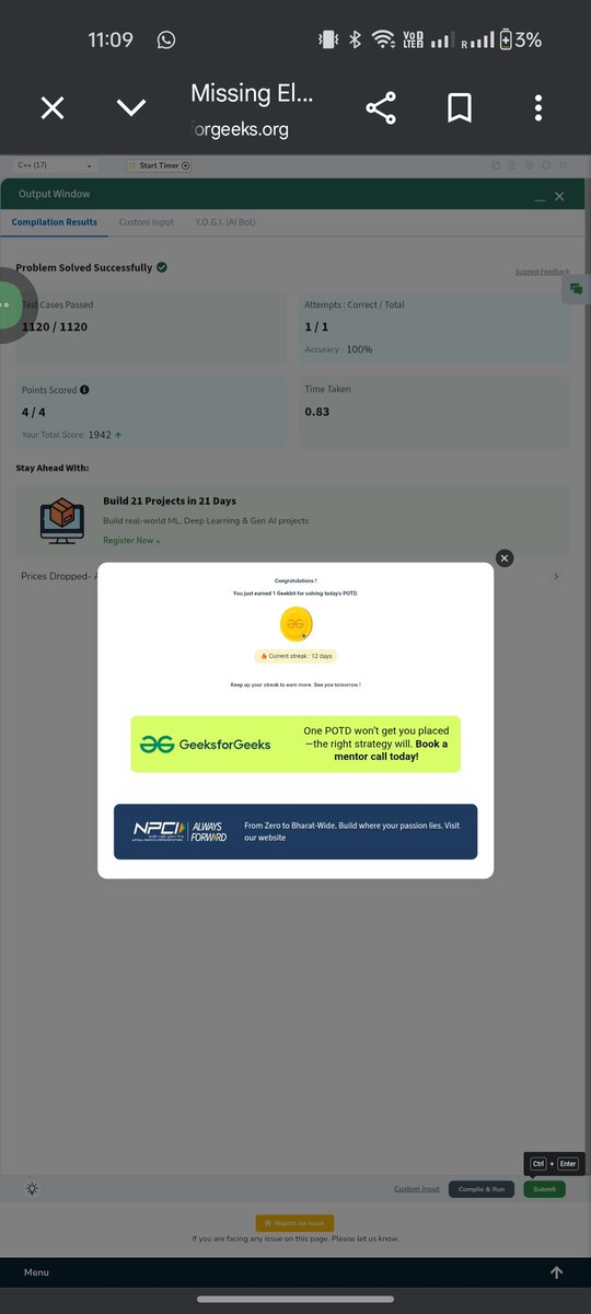 Durjaya__'s tweet photo. Day 4 of #geekstreak60 ✨
Solved: Missing Element in Range
Simple idea. Clean implementation.
Consistency turning into confidence.
@GeeksforGeeks @NPCI_NPCI
#npci #DSA #CodingDiscipline #ProblemSolving https://t.co/vz4RRprSrc