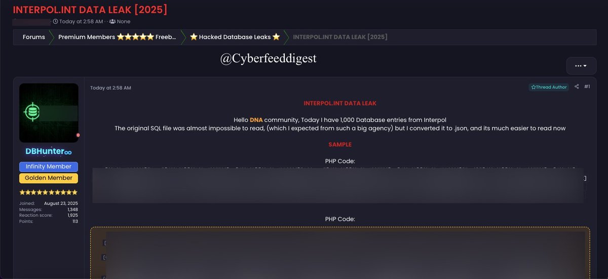 cyberfeeddigest's tweet image. A member of a #Darkweb forum allegedly 1,000 Database entries from @Interpol 

The original SQL file was almost impossible to read, (which I expected from such a big agency) . Sample data is shared.
#Darkweb #Interpol #DataBreach