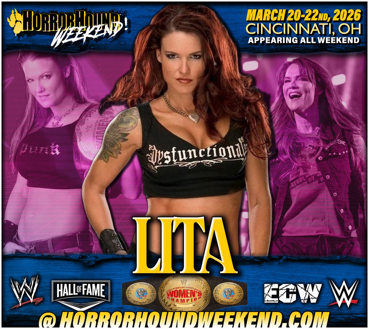 horrorhound's tweet image. Tickets for HorrorHound Weekend are NOW AVAILABLE!

Be sure to visit HHW March 20-22nd for a chance to meet Lita!

Don’t miss it — grab your discount tickets now:
👉 horrorhoundweekend.com

#WWE #WWF #Extreme #HOF #Lita #ECW #hardcore #wrestling #legend #wwfdivas #amydumas