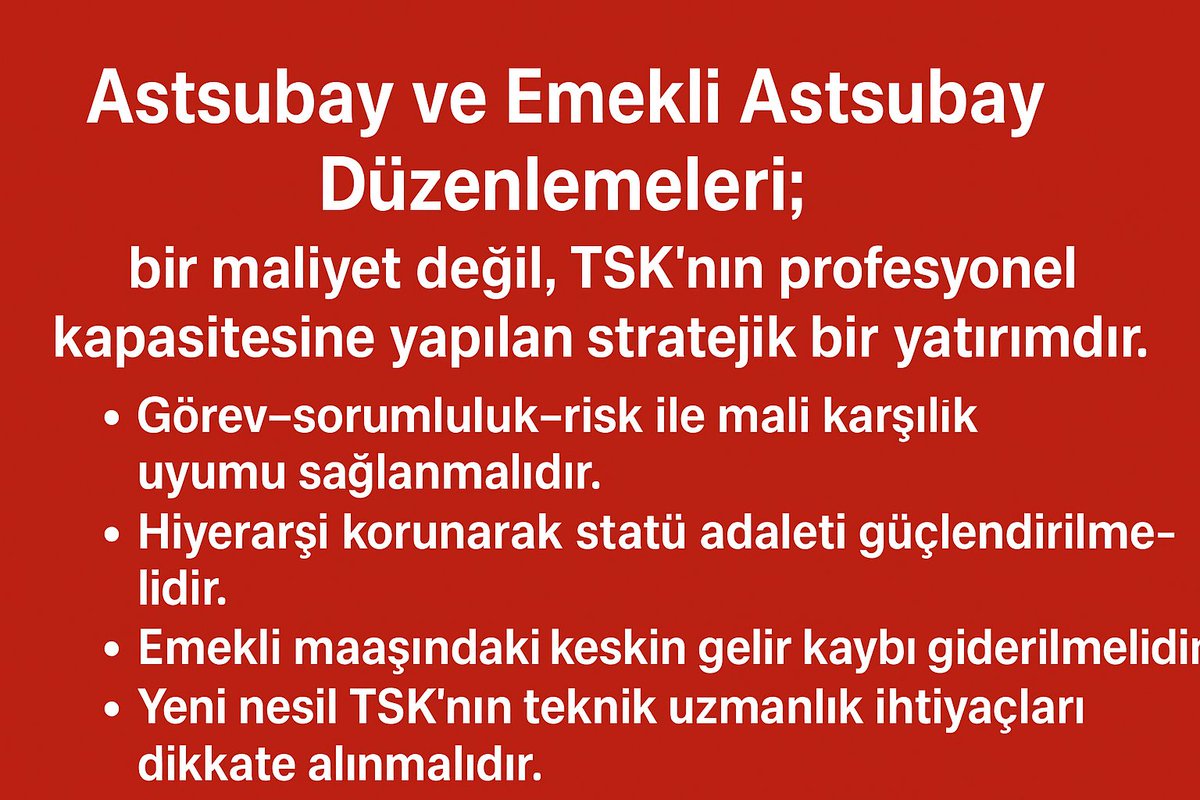 Astsubay emeklileri olarak beklentimiz; özlük ve emeklilik haklarımıza ilişkin hususların adalet ve hakkaniyet ilkeleri çerçevesinde değerlendirilmesi, kurumsal ciddiyet içinde ele alınması ve kalıcı çözümler üretilmesidir. Talebimiz nettir. <a href="/Akparti/">AK Parti</a> <a href="/MhpTbmmGrubu/">MHP TBMM Grubu #MHP</a> <a href="/tcsavunma/">T.C. Millî Savunma Bakanlığı</a>