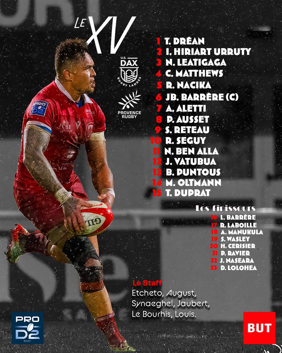 usdaxrugby's tweet photo. ๐๐ ๐๐ข๐ ๐ฃ๐ข ๐๐ฉ๐๐ BUT Saint Paul Les Dax
Retrouvez la composition Dacquoise pour ce match comptant pour la 21รจme journรฉe de PRO D2 face ร @ProvenceRugby !
Billetterie pour ce match dรฉlocalisรฉ : https://t.co/1J3p22hEM4
#usdax #PROD2 https://t.co/zjaHuSgnH2