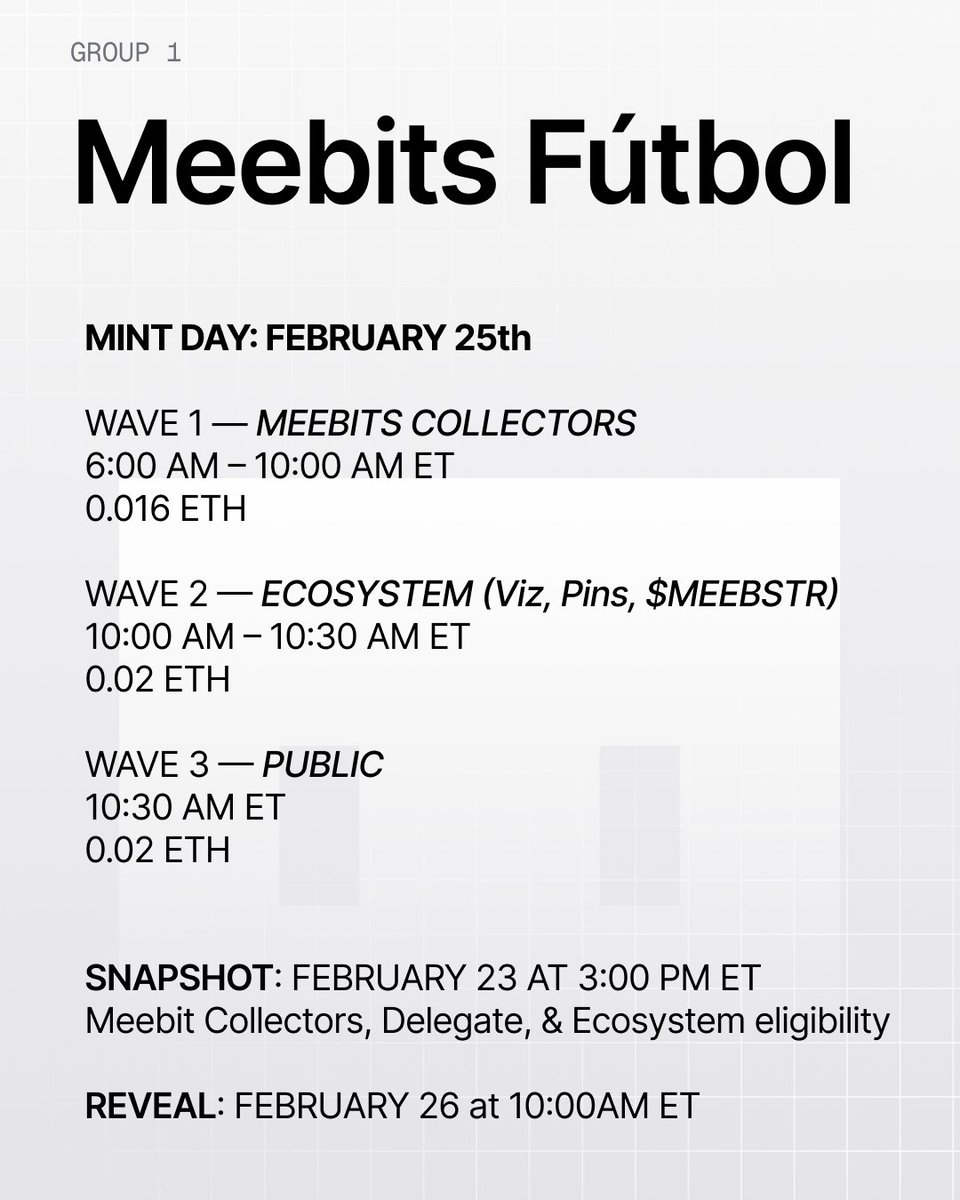 Meebits Fútbol Group 1 mints February 25 on <a href="/opensea/">OpenSea</a>.

2,000 digital blind box figurines.
6 national teams.
10 unique players per squad.

Built on Ethereum L1.
Playable on <a href="/OthersideMeta/">Othersidemeta</a>.
Optional physical redemption Summer 2026.

Schedule and pricing below.