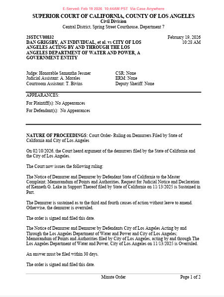 The Hon. Samantha Jessner just issued her final order overruling the demurrer by the City of Los Angeles in its entirety and overruling the State's demurrer on all counts except the 3rd cause of action (dangerous condition - vacant lots) and 4th cause of action (public nuisance -