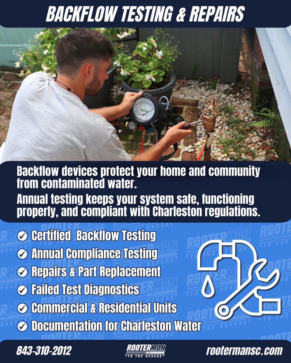 RooterManSC's tweet photo. Rooter Man Plumbing provides certified backflow testing, repairs, diagnostics, and proper documentation
📍 Charleston, SC
☎️ (843)-310-2012

#BackflowTesting #CharlestonSC #CharlestonPlumber #RooterMan #WaterSafety #BackflowPrevention #PlumbingServices #AnnualTesting https://t.co/5LWLMy4y7S