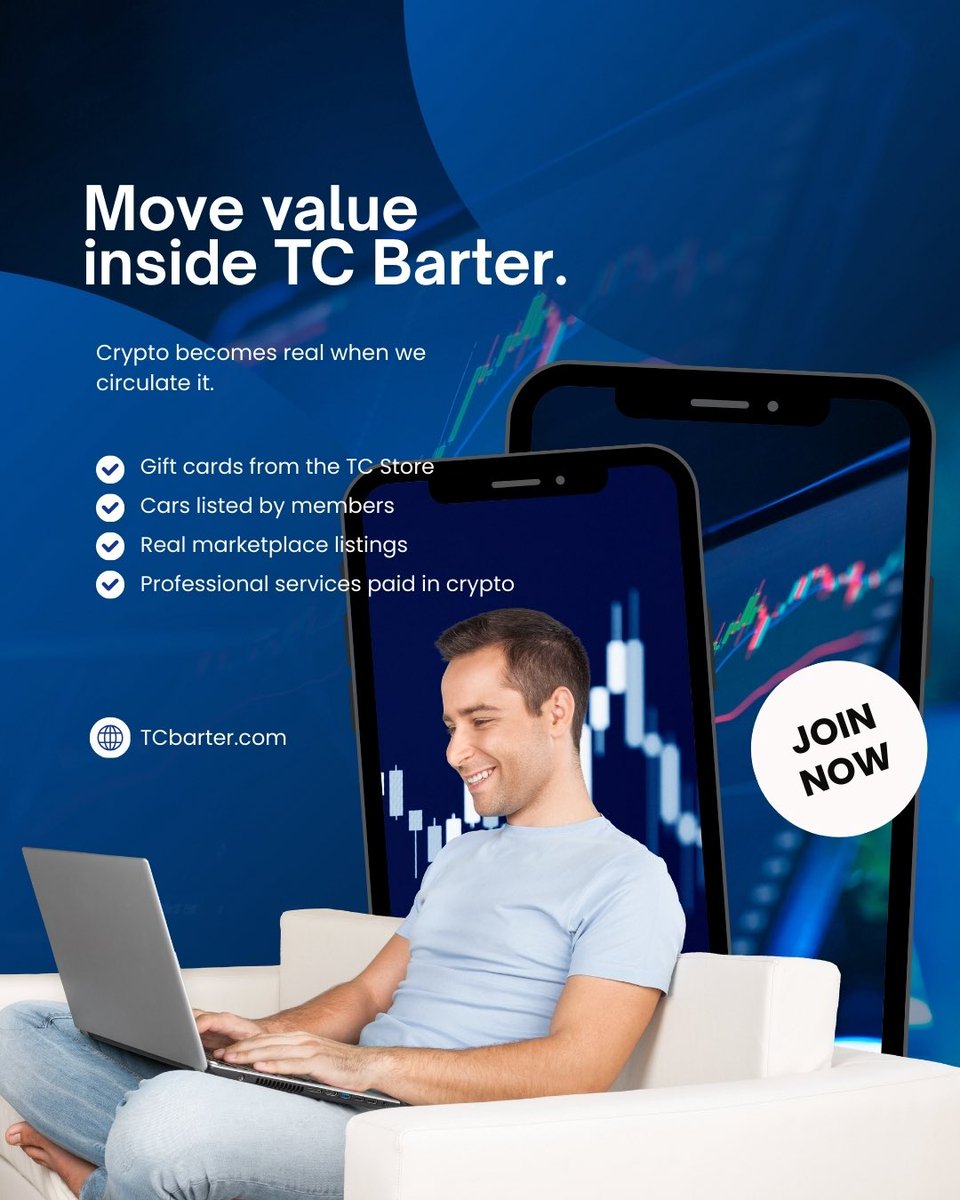 tc_barter's tweet photo. Inside TC Barter, we trade gift cards, vehicles, real items, and professional services — directly, member to member.
No exchanges involved.
No market dumping.
Just value moving within our own marketplace.
🔗 https://t.co/1gZrAOHUhG
#TCBarter #GreenTeam #CryptoUtility #P2PTrading https://t.co/Sh0NrQId3k