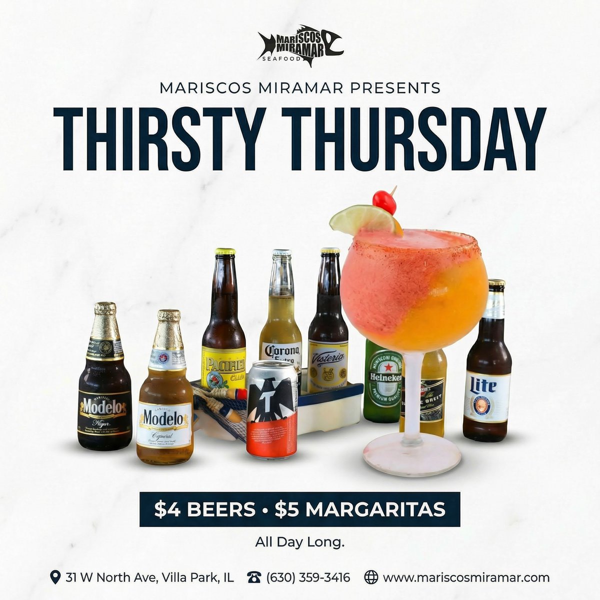 MariscosMVP's tweet photo. Every Thursday at Mariscos Miramar, we're pouring $4 Beers and $5 Margaritas ALL DAY LONG. Whether it's a midweek pick-me-up or the start of your weekend plans — we've got you covered. 🔥

✅ Every Thursday ✅ $4 Beers • $5 Margaritas 
📍 31 W North Ave, Villa Park, IL https://t.co/xDijNne33x