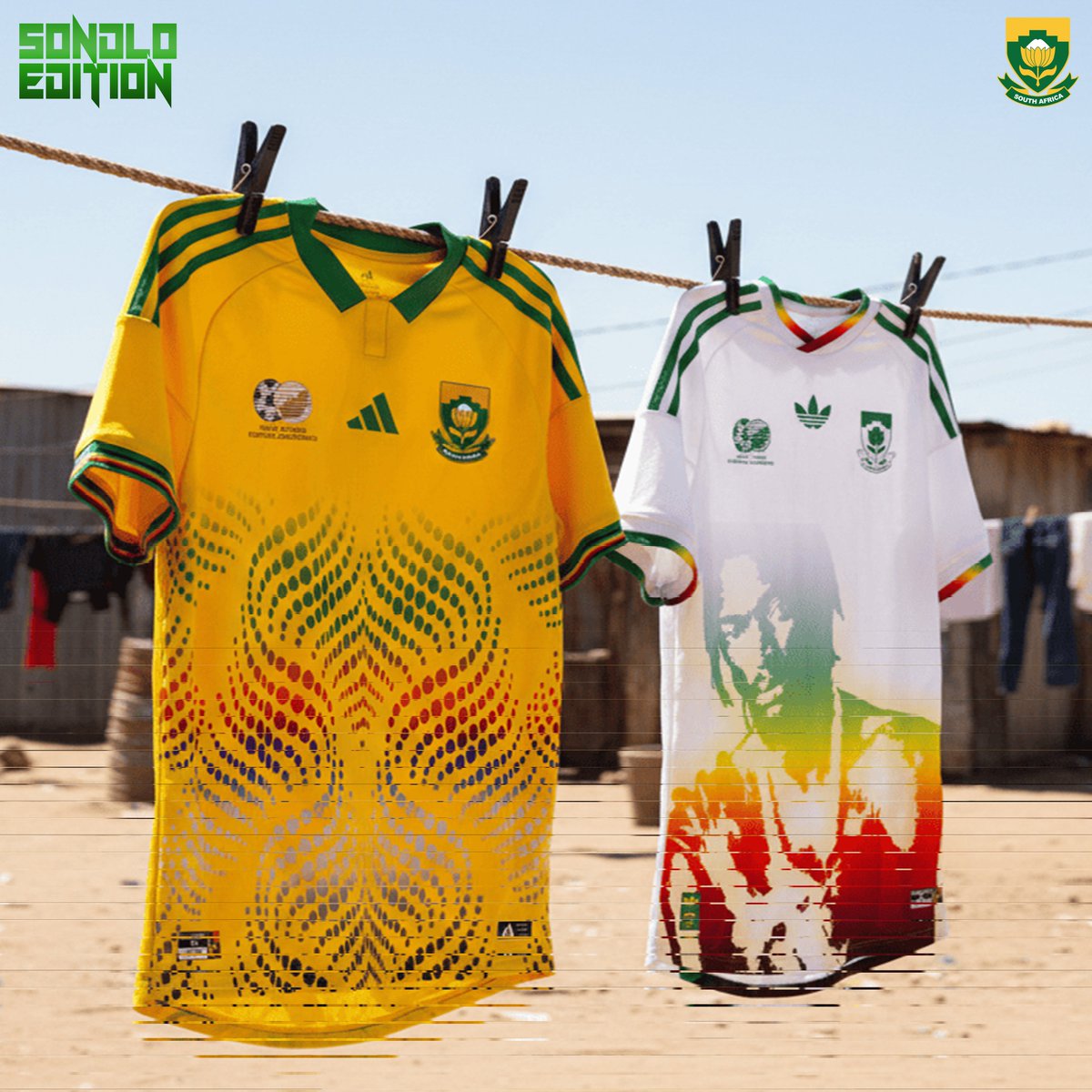 ProSbuda's tweet photo. SONDLO EDITION has revealed the Bafana Bafana Lucky Dube Home &amp; Away Concept Kit, connecting the national team with the enduring legacy of Lucky Dube.

❌️this is the concept design, not for sale!!
Designed by:@sondlo_edition
#Adidas #Mzansi #AdidasZA #YouGotThis #Amakhosi4Life https://t.co/cmzd5KyXe9
