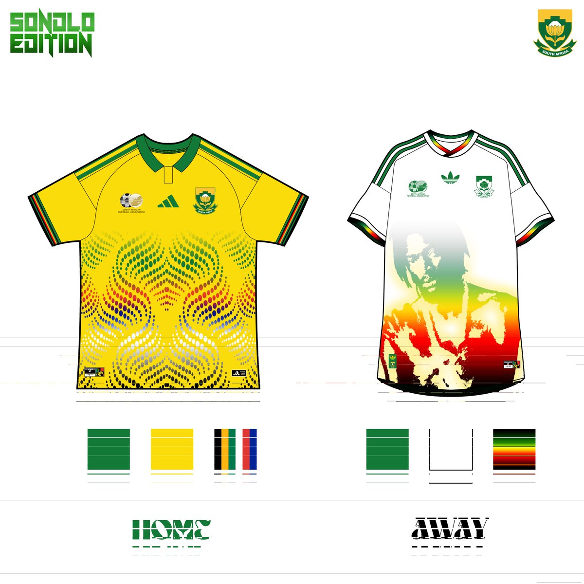 ProSbuda's tweet photo. SONDLO EDITION has revealed the Bafana Bafana Lucky Dube Home &amp; Away Concept Kit, connecting the national team with the enduring legacy of Lucky Dube.

❌️this is the concept design, not for sale!!
Designed by:@sondlo_edition
#Adidas #Mzansi #AdidasZA #YouGotThis #Amakhosi4Life https://t.co/cmzd5KyXe9