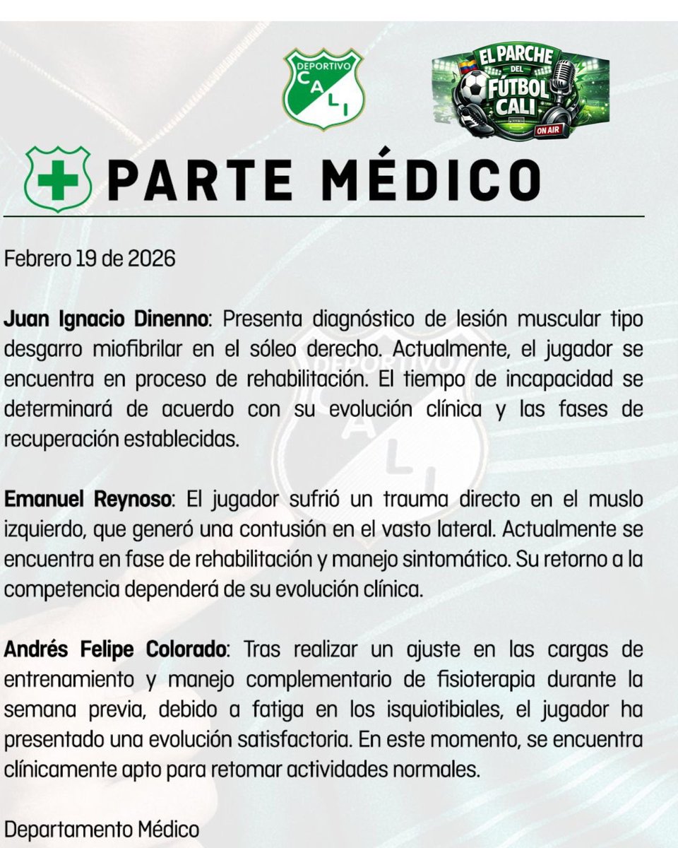 📻⚽️🏥 Actualidad de los jugadores en el departamento médico del <a href="/DeportivoCaliCP/">Deportivo Cali</a> 

Juan Ignacio Dinenno
Emanuel Reynoso
Andrés Felipe Colorado 

#SomosRCN