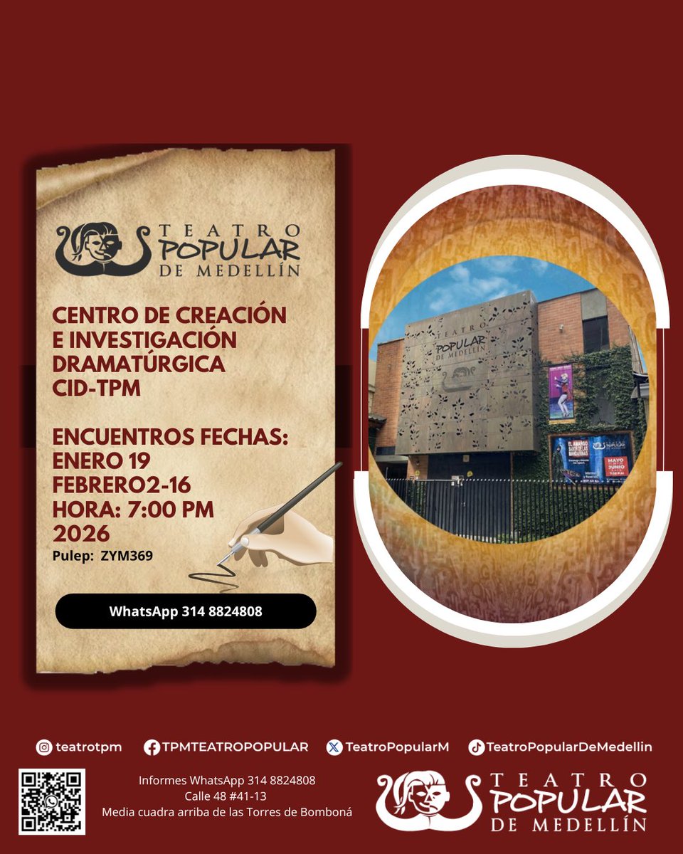 Centro de Creación e Investigación Dramatúrgica 
CID - TPM espacio para la investigación, transmisión de teorías y técnicas de escritura teatral y para la elaboración y la publicación de textos dramáticos. 

#teatro #cursosdeteatro #clasesdeteatro #academiadeteatro