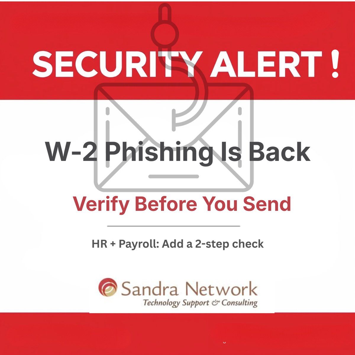 SandraNetwork's tweet photo. W-2 phishing is back.

It often looks like an urgent internal request to HR or payroll, but the reply goes to an external address.

Quick defenses: MFA for HR/finance, advanced email filtering, employee phishing training, dual approval for W-2 exports.

#CyberSecurity #Phishing https://t.co/A1dJuBuJfh