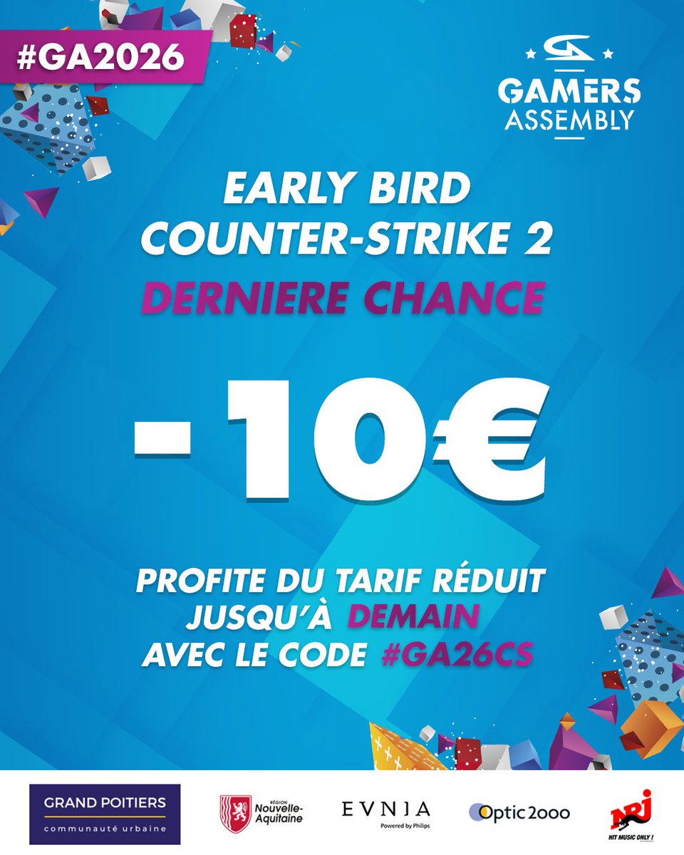 GamersAssembly's tweet photo. Il ne te reste plus qu'un jour pour profiter du tarif réduit sur le tournoi WINAMAX Counter-Strike 2 ! 😱

10€ en moins, ça compte alors ne tarde plus et prends ta place 🚀

Pour rappel, le tournoi est doté d'un cashprize max de 15 000€ ! Ne rate pas cette occasion unique ! 😍

Tarif réduit jusqu'au 20 février avec le code #GA26CS, clique ici : https://t.co/lrrcFvsMDL

#cs2 @WinamaxSport #GA2026 #esport #lan #poitiers