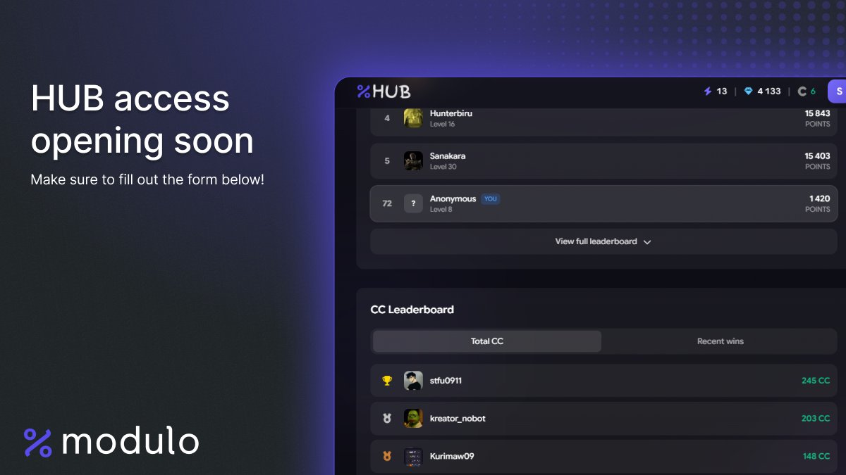 Modulo Hub is opening soon 🚀

We’re finishing final testing and preparing for rollout.

If you haven’t signed up yet, fill out the form to get access when invites go out:
forms.gle/3vqEMYoWry9M9E…

If you’ve already submitted the form, you’re in the queue! Please be patient and