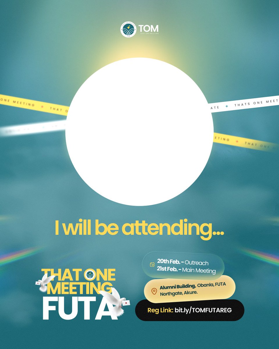 ThatOneMeeting's tweet photo. I’ll be at That One Meeting FUTA on February 20th and 21st! Will you? 🌟

Follow these 5 simple steps to generate your custom TOM DP and let the world know you're attending!

https://t.co/NdUjp8VBIm https://t.co/Sqxq8EoriG