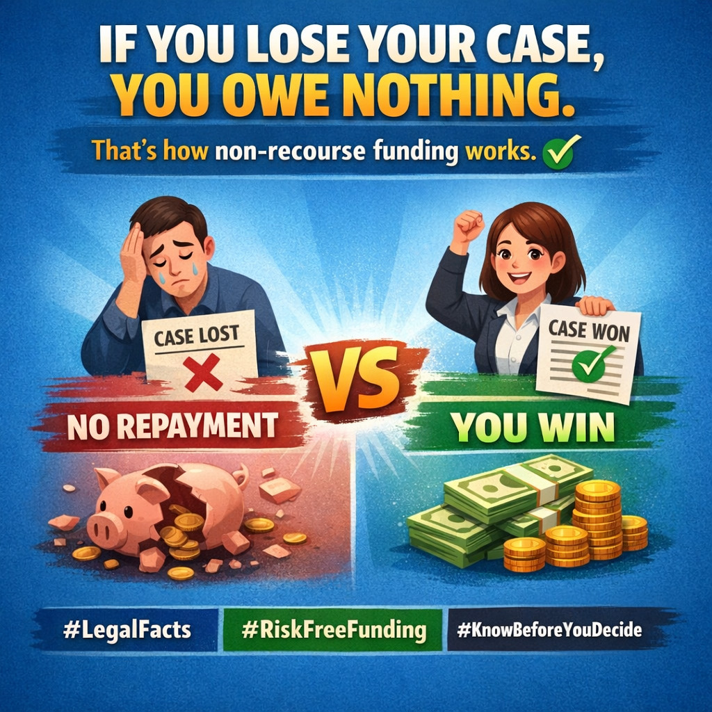 CLFunding's tweet image. If you lose your case, you owe nothing. That’s how non-recourse funding works. ✔️ #LegalFacts #RiskFreeFunding #KnowBeforeYouDecide