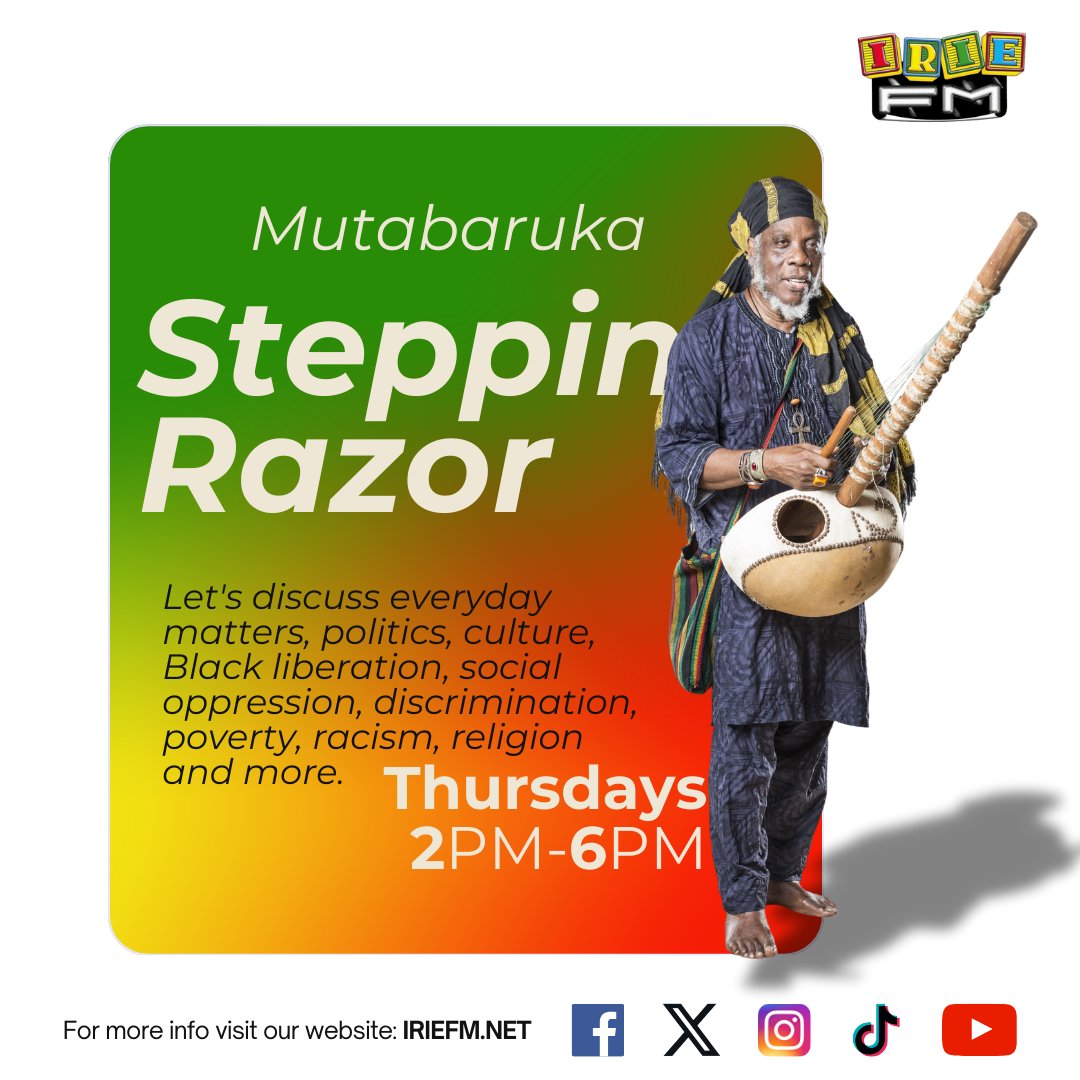 IRIE_FM's tweet photo. Tune in NOW! Mutabaruka is live on Irie FM with the Steppin’ Razor from 2-6 PM. Don’t miss the vibes! 🔊🎶 #LiveOnIrieFM #SteppinRazor #IrieVibes https://t.co/xiiVENoCul