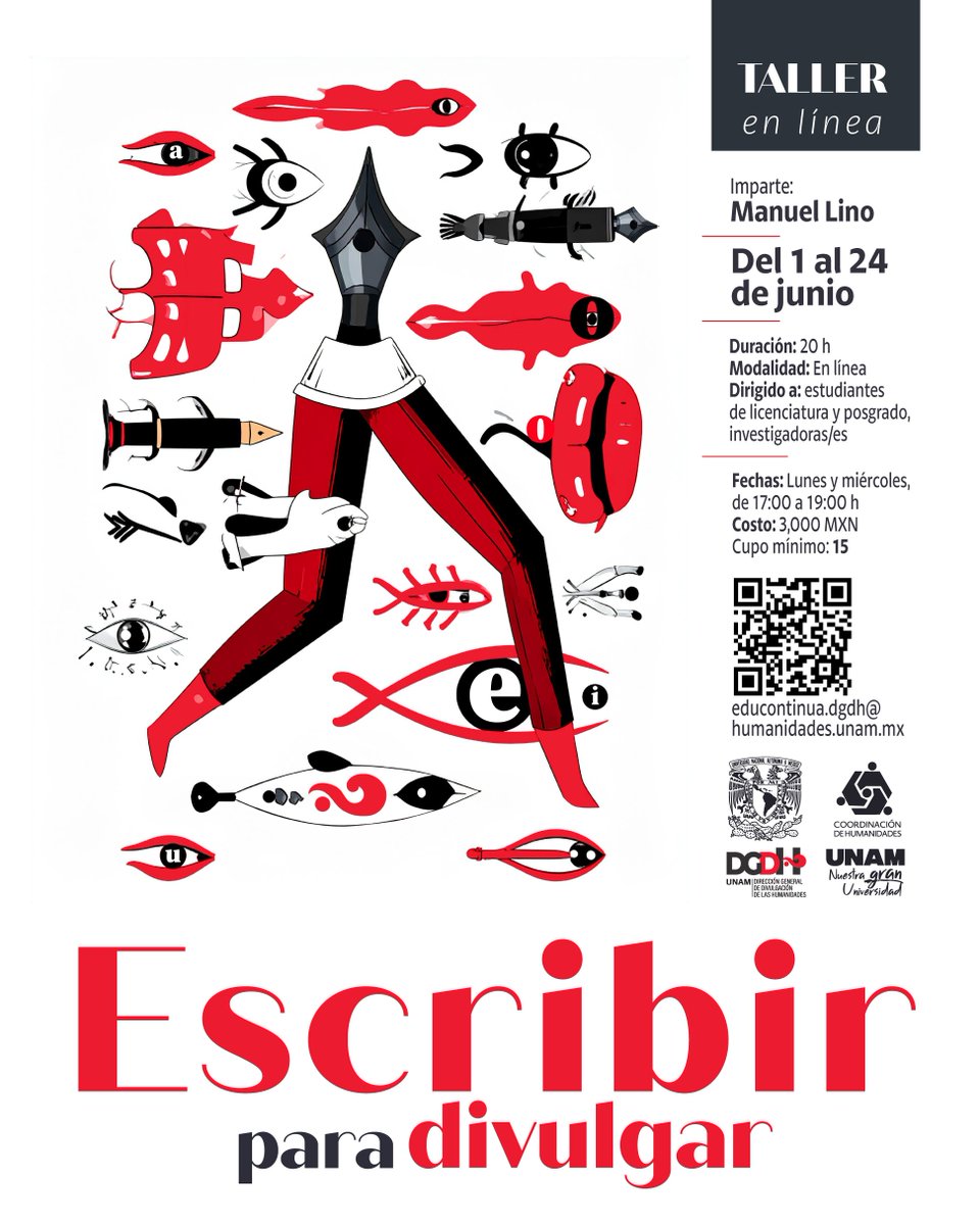 🤔 Si tienes un tema de ciencias sociales o humanidades que quieres divulgar y no sabes cómo, te invitamos a descubrirlo en nuestro taller Escribir para divulgar.
⏰ Duración: 20 horas.
🖥️ Modalidad: en línea.
🗓️ Días: lunes y miércoles.
🔗 Inscripción: forms.gle/yzTSm7XKE2jXRL…