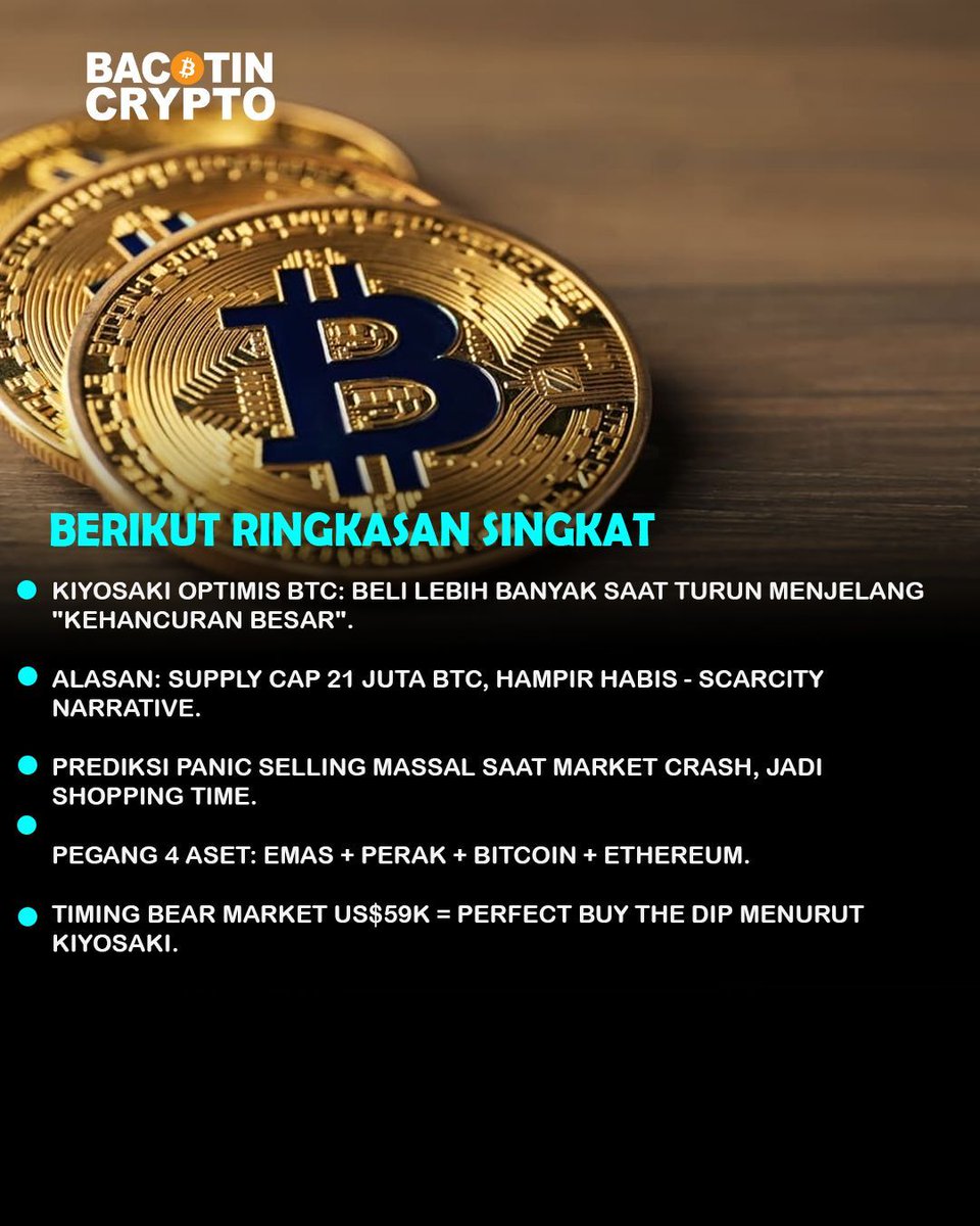 bacotincrypto's tweet photo. Kiyosaki: MARKET CRASH BESAR coming! Borong BTC saat PANIC SELLING massal. '21M cap = buy now!' Portofolio: emas perak BTC ETH. Rich Dad blueprint bertahan! 

#RobertKiyosaki #RichDadBTC #MarketCrashComing #BuyPanicDip #BitcoinScarcity #EmasPerakETH #PanicSelling #CryptoSafeHaven https://t.co/QNUlxdYM0u