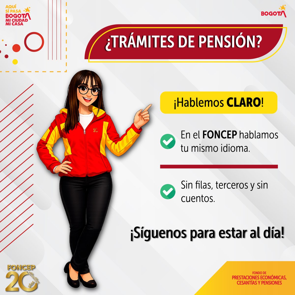 ¿Sientes que los trámites de pensión son como un idioma desconocido?

¡Relájate! En FONCEP nos pusimos las pilas para hablar tu mismo idioma.

Desde hoy te contamos cómo funcionan nuestros trámites, servicios y las PQRSD. Mantente atento, porque estaremos compartiendo información