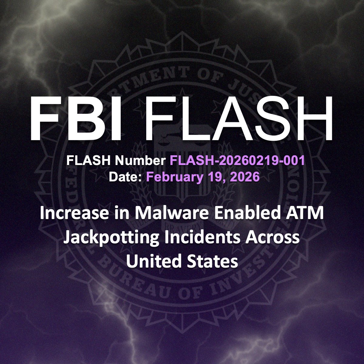 FBICyberDiv's tweet image. The FBI released an advisory on malware being used for ATM jackpotting, which manipulates ATMs to dispense cash without a legitimate transaction. This type of crime caused $20 million in losses in 2025 alone.

Learn about digital and physical indicators of ATM jackpotting, along