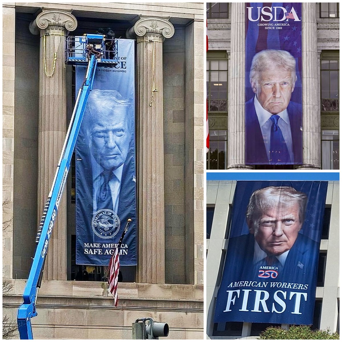 Plastering his face on the DOJ, USDA, and DOL. We are becoming North Korea. 

#WakeUpAmerica