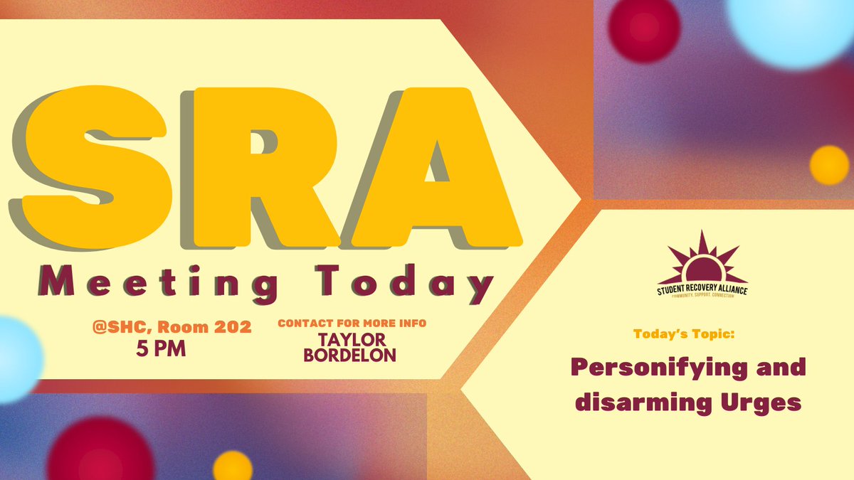 txstSRA's tweet photo. Today's meeting is all about personifying and disarming urges. Meet SRA in the Student Health Center in room 202, tonight at 5p.m. 

More information is available:
https://t.co/EledpRqXPe https://t.co/1lg8Hqfbtc