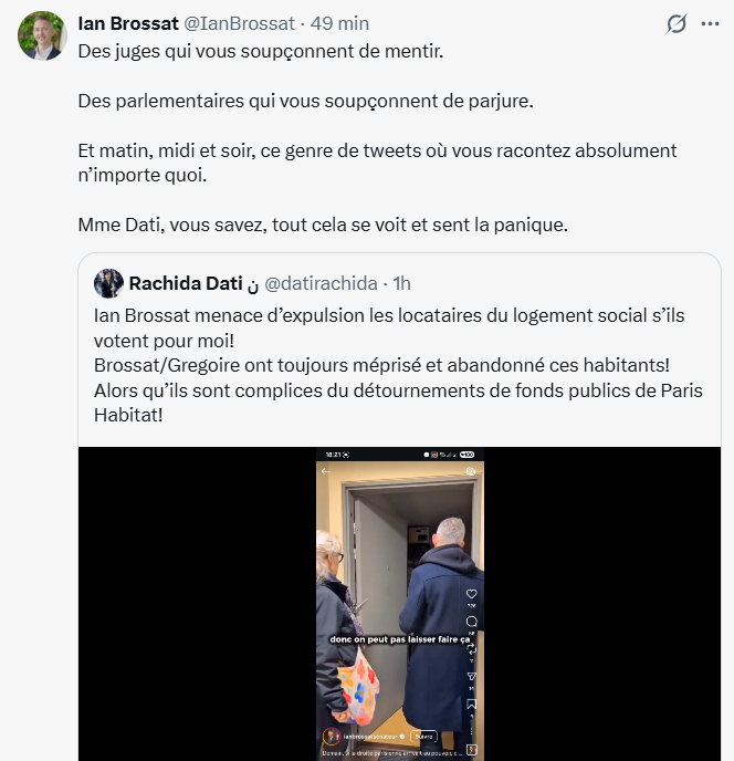 En affirmant à des locataires du parc social que si la droite était élue à Paris, ils seraient expulsés, tout en se filmant pour une diffusion sur les réseaux sociaux, le communiste Ian Brossat, allié d'Emmanuel Grégoire contrevient à l'article 27 de la loi du 29 juillet 1881 sur