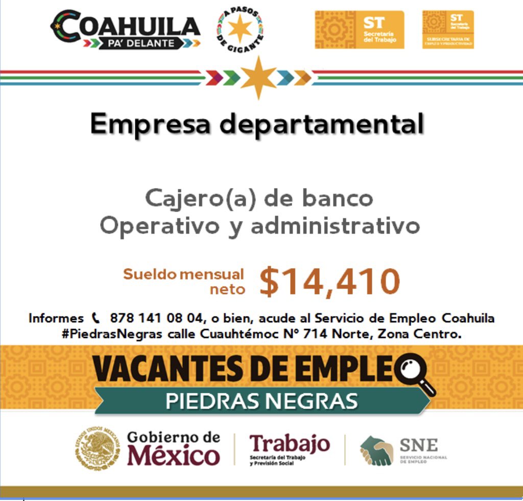 📢Vacante de empleo en #RegiónNorte 
#PiedrasNegras 

📌 Servicio de Empleo #PiedrasNegras
📍 Dirección: Cuauhtémoc N° 714 Norte, Zona Centro
📞 Informes: 878 141 08 04

Contáctanos hoy mismo. 
#CoahuilaPaDelante #APasosDeGigante #SNEparaTodos