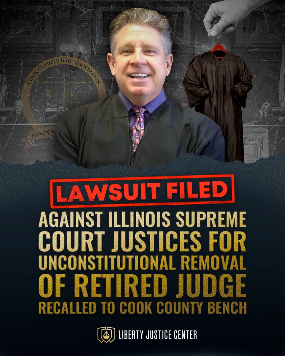 LJCenter's tweet photo. LAWSUIT FILED on behalf of Judge James Brown, a retired Cook County judge who was removed from his judicial recall appointment after Illinois Supreme Court justices retaliated against him for exercising his First Amendment rights as a private citizen. https://t.co/E9GSzzq313