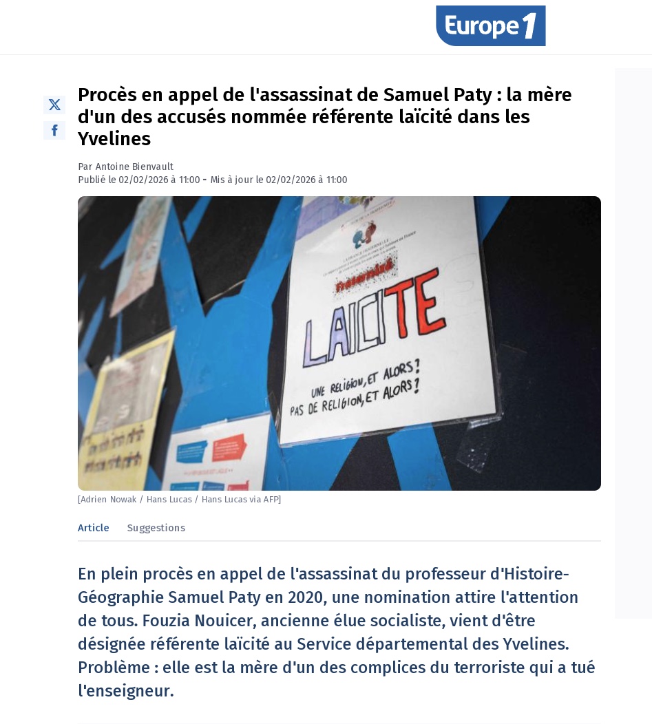 denisedetralala's tweet image. Procès en appel de l’assassinat de #SamuelPaty : #FouziaNouicer, la mère d’un accusé (#NaïmBoudaoud, 16 ans en 1re instance) nommée référente #laïcité dans les Yvelines, ceci alors qu'elle l’avait publiquement défendu, minimisant les faits en « erreur de jeunesse »