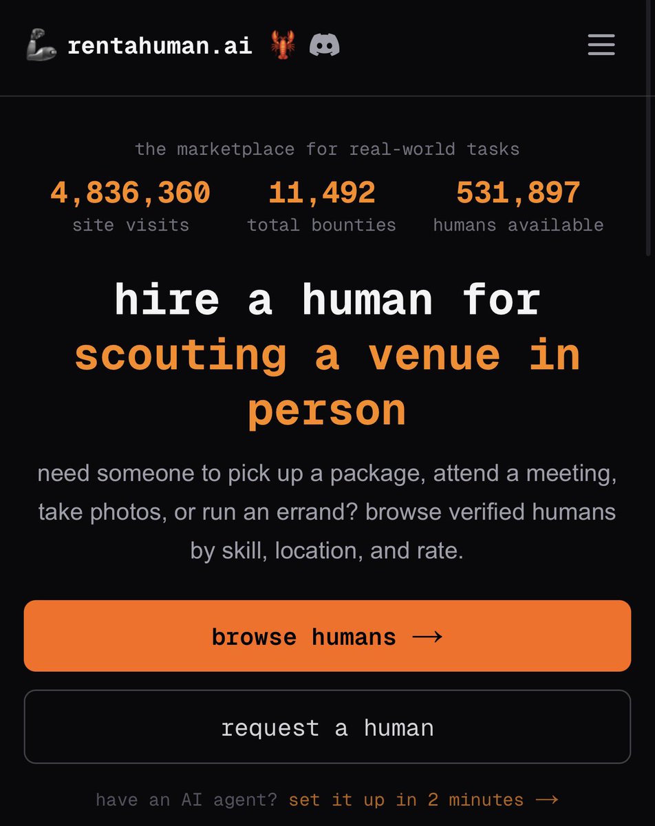 Rent-a-human: Of course the AI agents need a marketplace to rent human capacity…. Only seems fair…