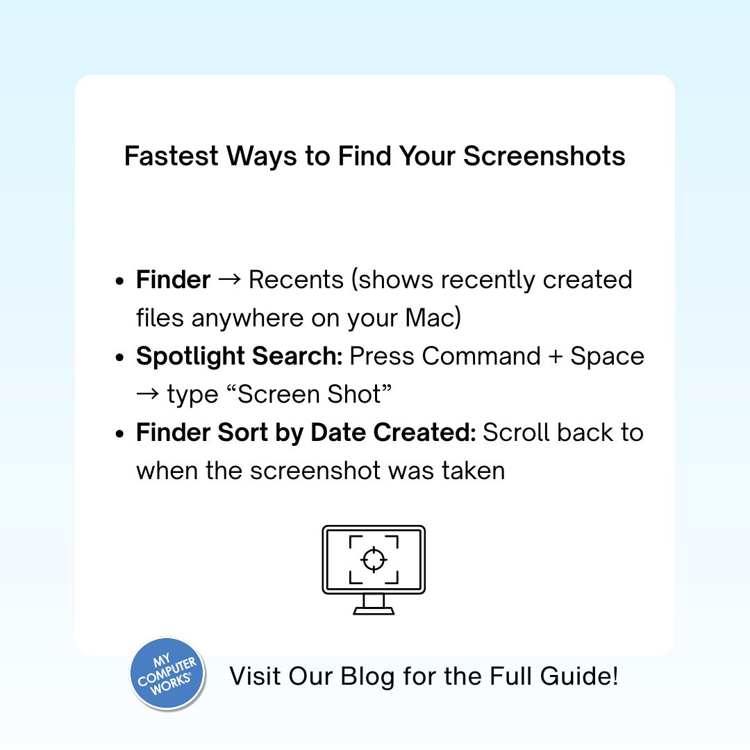 MyCompWorks's tweet photo. Can’t find your screenshots on Mac? It’s usually a setting change, iCloud sync, or save location issue, not a lost file. Read the blog → https://t.co/LG6CgRH4ux

Call My Computer Works with your tech questions at 866-343-4961. https://t.co/Plm7M0km87