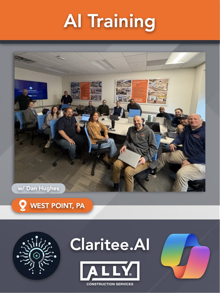 ALLYconstructs's tweet photo. Thank you to Dan Hughes of https://t.co/lGYOo90ttB for leading an AI training session with us. We explored practical applications of AI within the construction management industry &amp; how to get the most out of Copilot. Looking forward to continuing to integrate these tools! https://t.co/zNOERIx8CQ