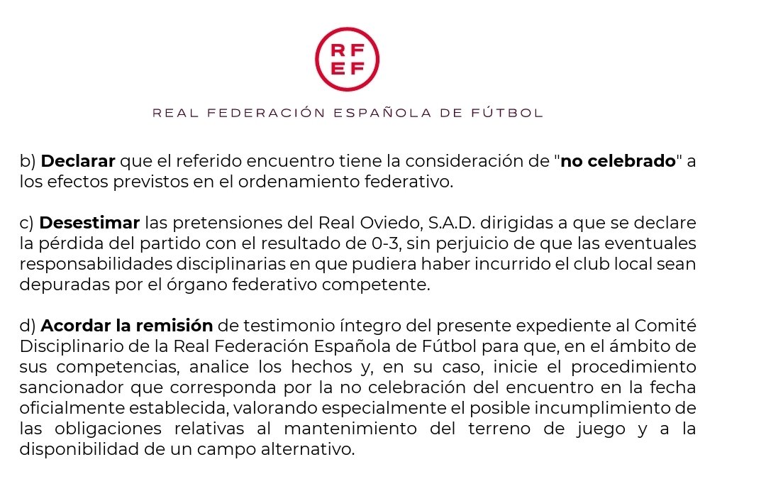 El <a href="/RealOviedo/">Real Oviedo</a> podría ganar el partido contra el <a href="/RayoVallecano/">Rayo Vallecano</a> 

Al Oviedo se le desestima el 0-3, pero no por falta de competencia del Juez de Competición, sino justo al revés: el Juez afirma su competencia, declara ineficaz el aplazamiento de LaLiga, califica el partido como